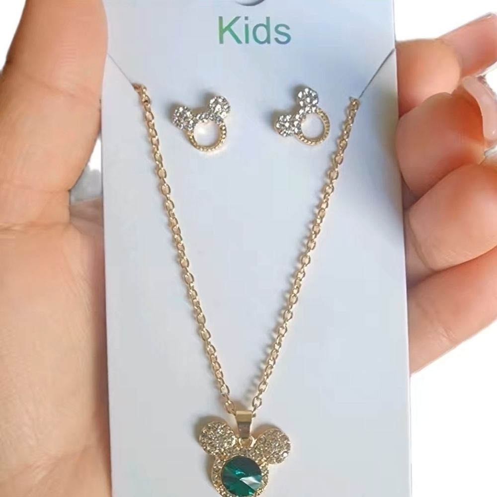 Gold and Green Kids Necklace and Earrings Set